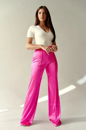 Fuchsia Pants The Desires Satin Stretch High Waisted Pants