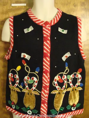 Funny Reindeer with Candycane Antlers Ugly Christmas Sweater Vest