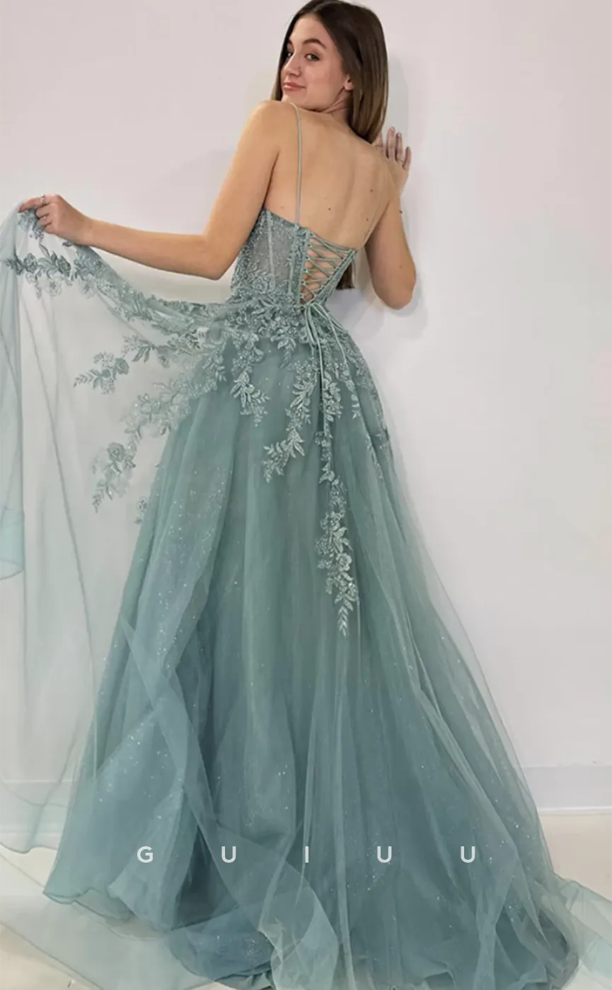 G4626 -  Chic A-Line V Neck Straps Lace-Up Tulle   Long Prom Dress