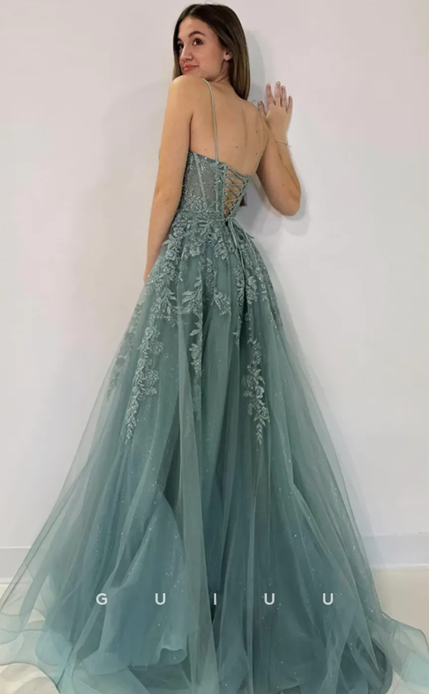 G4626 -  Chic A-Line V Neck Straps Lace-Up Tulle   Long Prom Dress