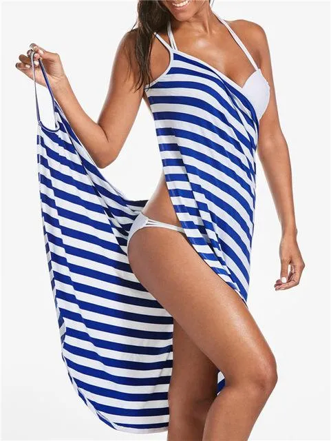 Gamiss 2017 Sexy Backless Women Summer Striped Dress V-neck Spaghetti Strap Women Knee-length Cover ups Beach Dresses vestidos