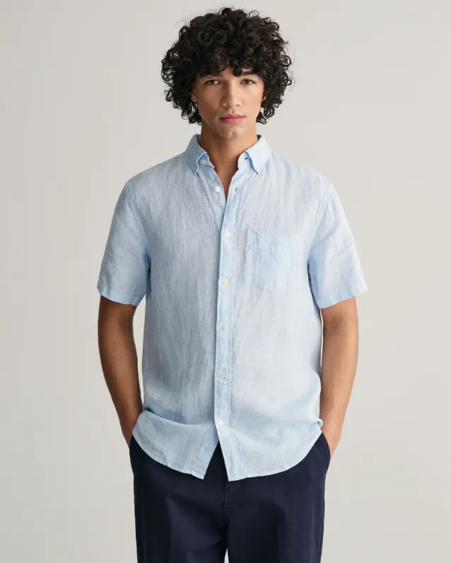 GANT - Regular Linen Houndstooth Short Sleeve Shirt, Capri Blue