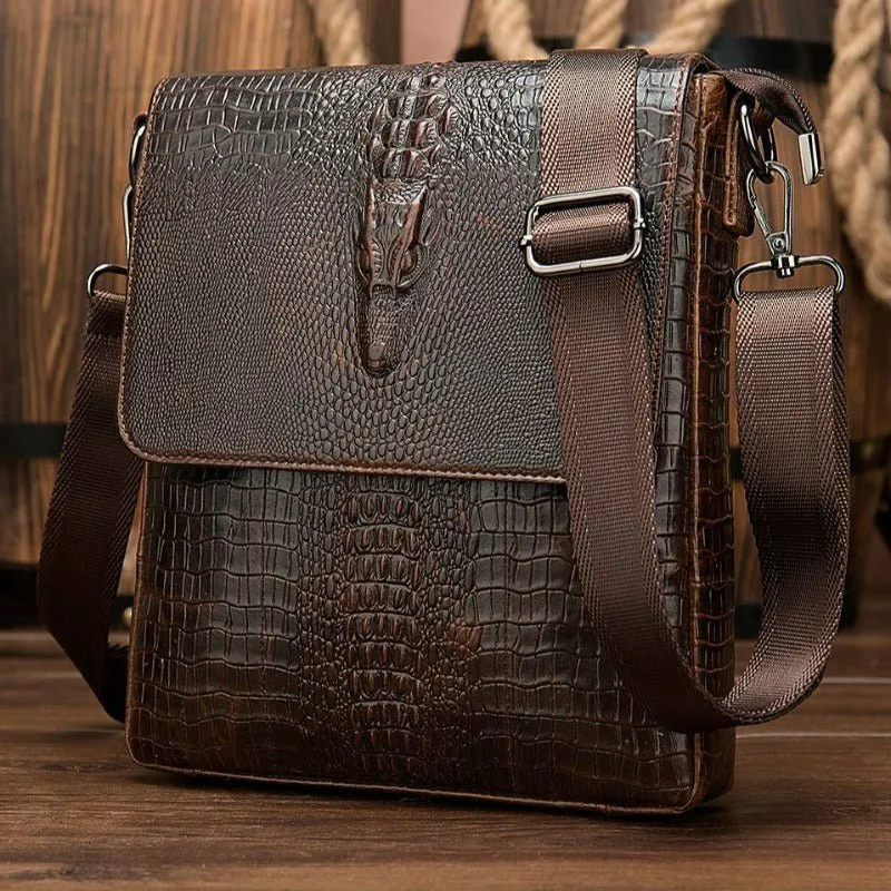Gator Embossed Genuine Leather Shoulder Bag for Men
