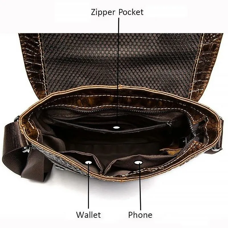 Gator Embossed Genuine Leather Shoulder Bag for Men
