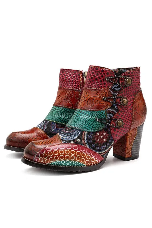 Genuine Leather Retro Block High Heel Ankle Boots For Women