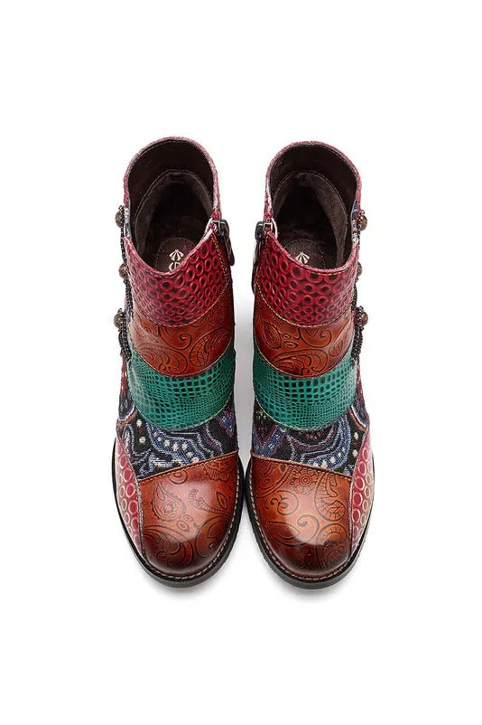 Genuine Leather Retro Block High Heel Ankle Boots For Women