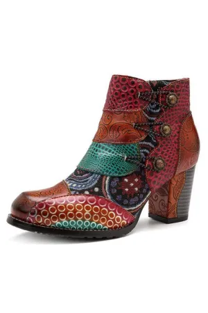 Genuine Leather Retro Block High Heel Ankle Boots For Women