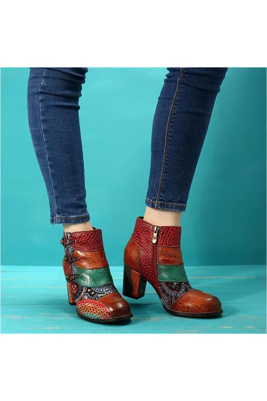 Genuine Leather Retro Block High Heel Ankle Boots For Women