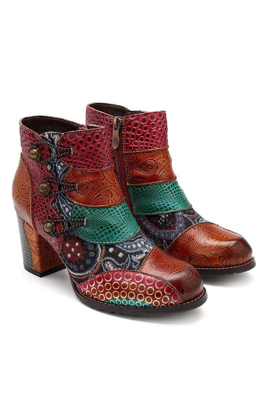Genuine Leather Retro Block High Heel Ankle Boots For Women