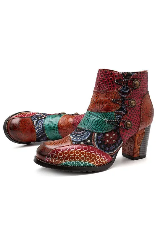 Genuine Leather Retro Block High Heel Ankle Boots For Women