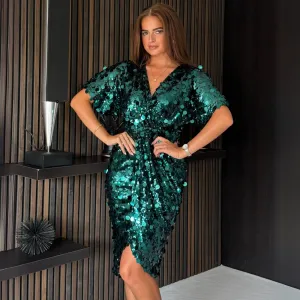 Girl In Mind Novah Sequin Wrap Midi Dress | Emerald