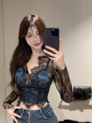Girlary 2024 Blusas Mujer De Moda Sexy Lace Blouses for Women V Neck Long Sleeve Shirts Crop Tops Temperament Korean Chic Vintage Blouse