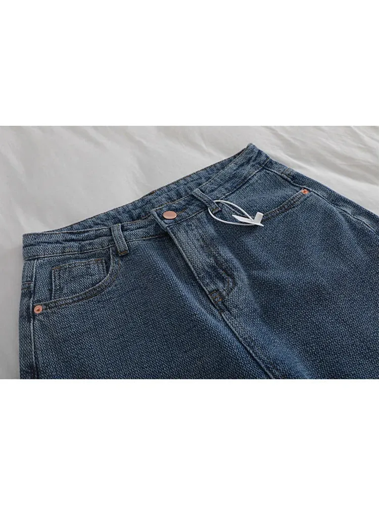 Girlary American Vintage Casual High Waist Blue Denim Shorts Fashion Women's Y2K Wide Leg Baggy Straight Jeans Pants Female Clothes