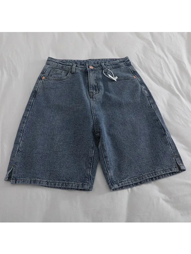 Girlary American Vintage Casual High Waist Blue Denim Shorts Fashion Women's Y2K Wide Leg Baggy Straight Jeans Pants Female Clothes