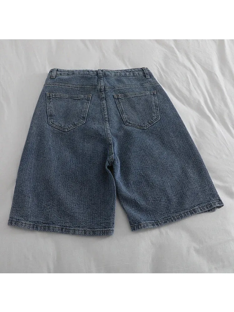 Girlary American Vintage Casual High Waist Blue Denim Shorts Fashion Women's Y2K Wide Leg Baggy Straight Jeans Pants Female Clothes