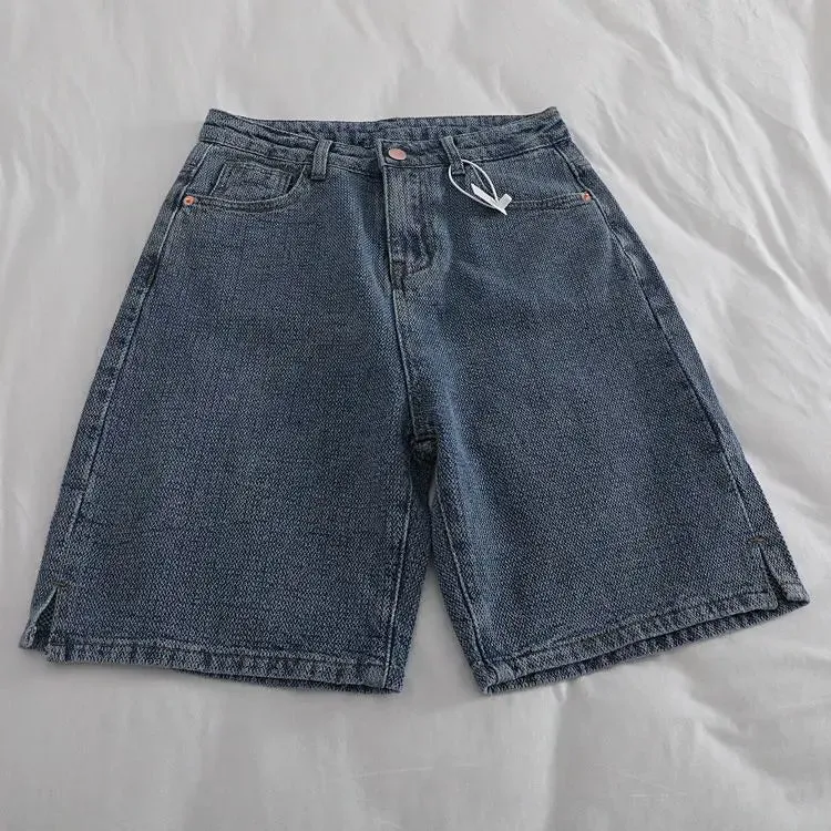 Girlary American Vintage Casual High Waist Blue Denim Shorts Fashion Women's Y2K Wide Leg Baggy Straight Jeans Pants Female Clothes