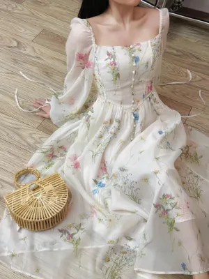 Girlary Chiffon Floral Midi Dress Office Lady Summer Elegant One Piece Dress Korean Fashion Beach Style Causal Long Sleeve Sundress