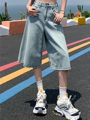 Girlary Female Summer American Vintage Baggy Denim Cropped Pants Woman High Waist Washed Wide Leg Jeans Light Blue Loose A Line Shorts