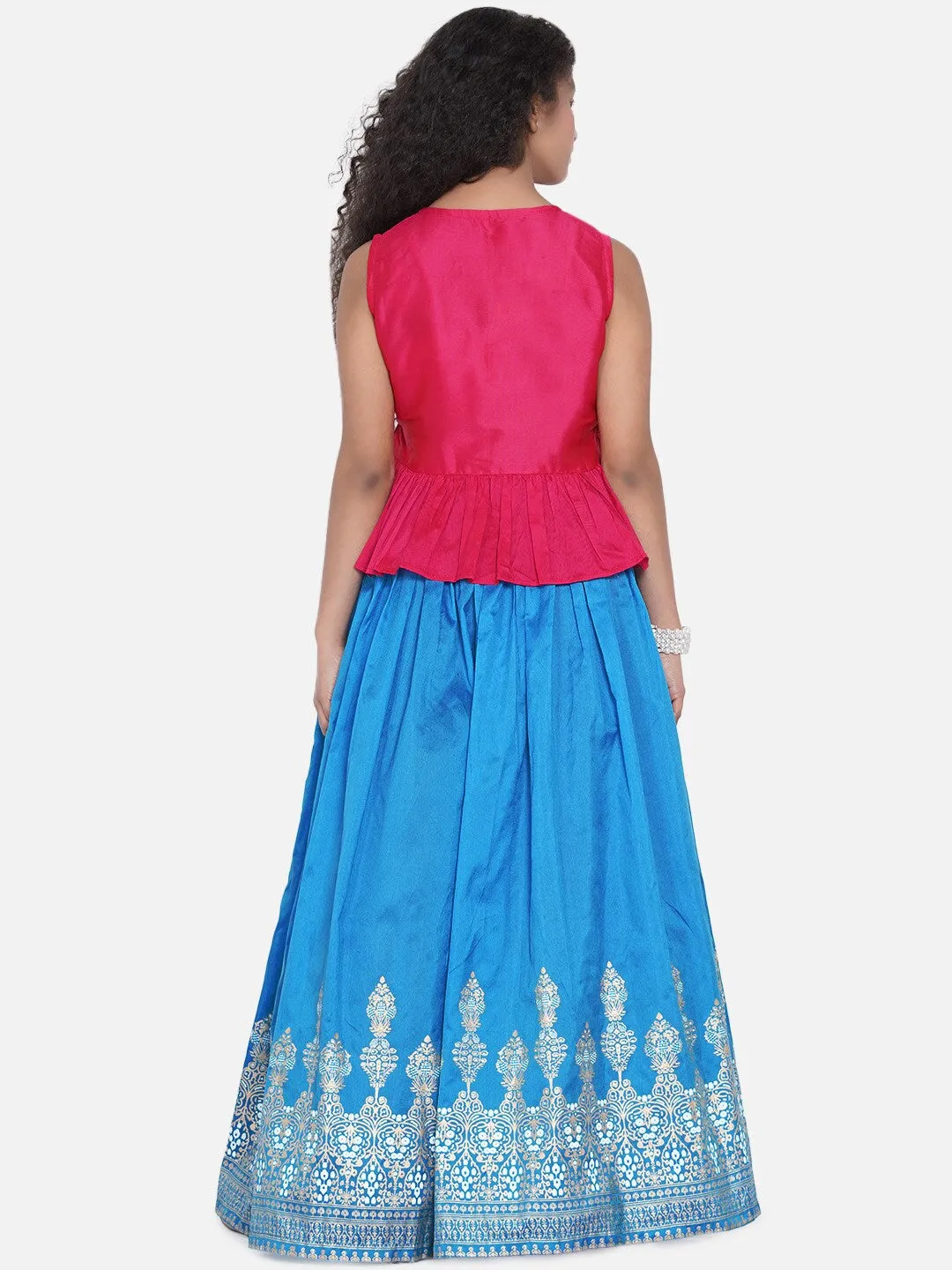 Girl's Pink & Blue Embellished Khari Print Ready to Wear Lehenga - NOZ2TOZ KIDS