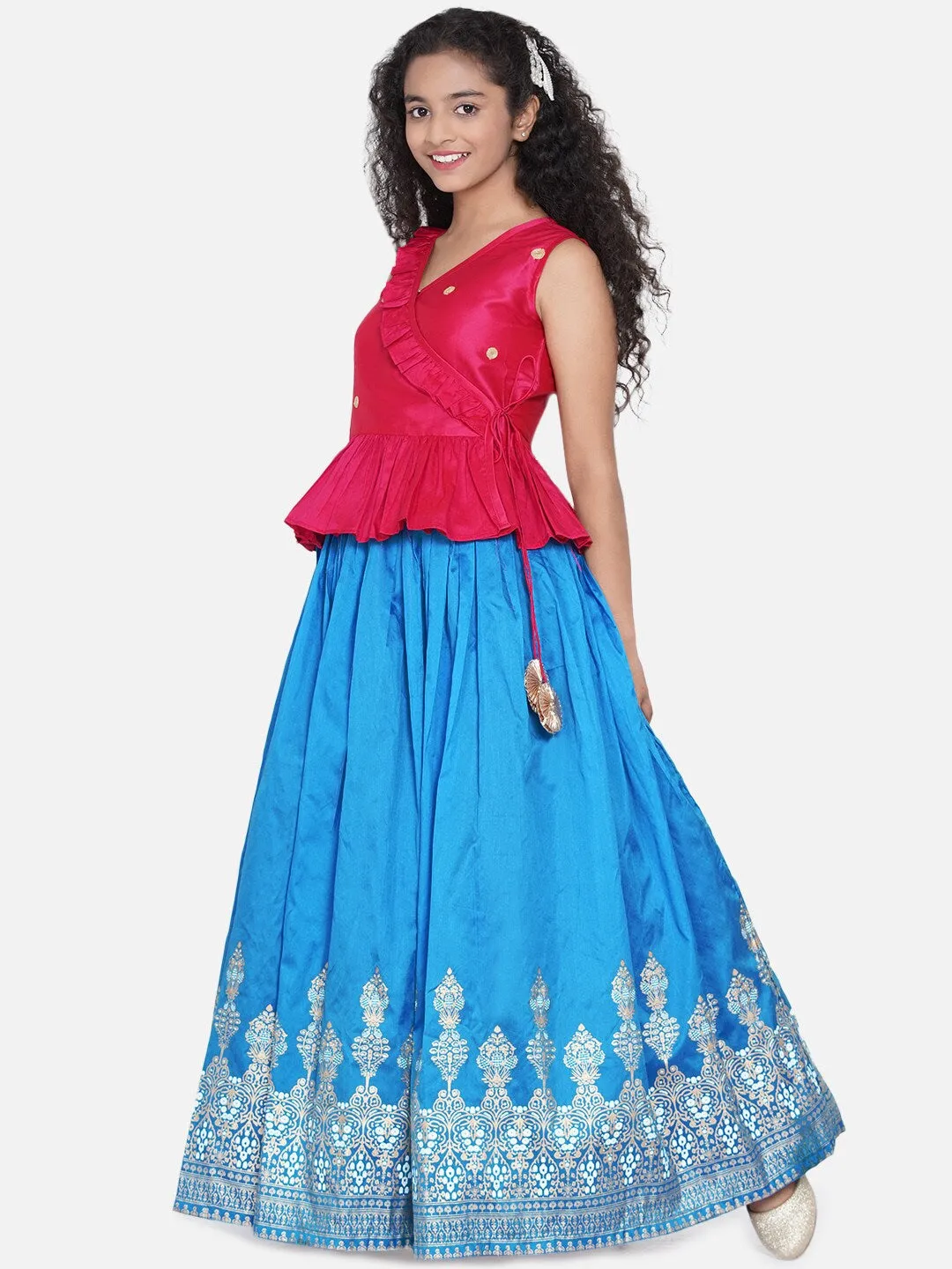 Girl's Pink & Blue Embellished Khari Print Ready to Wear Lehenga - NOZ2TOZ KIDS