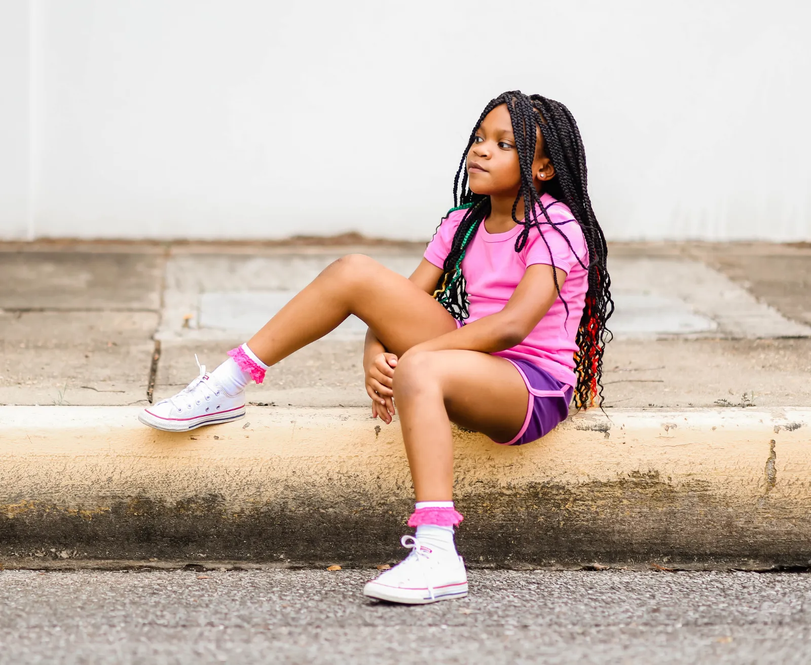 Girls Soft Cotton Knit Short with Trim | White w. Bubblegum Trim