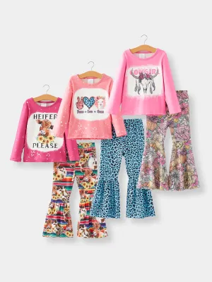 Girls'6-piece set Cow Print Top Bell Bottom Pants