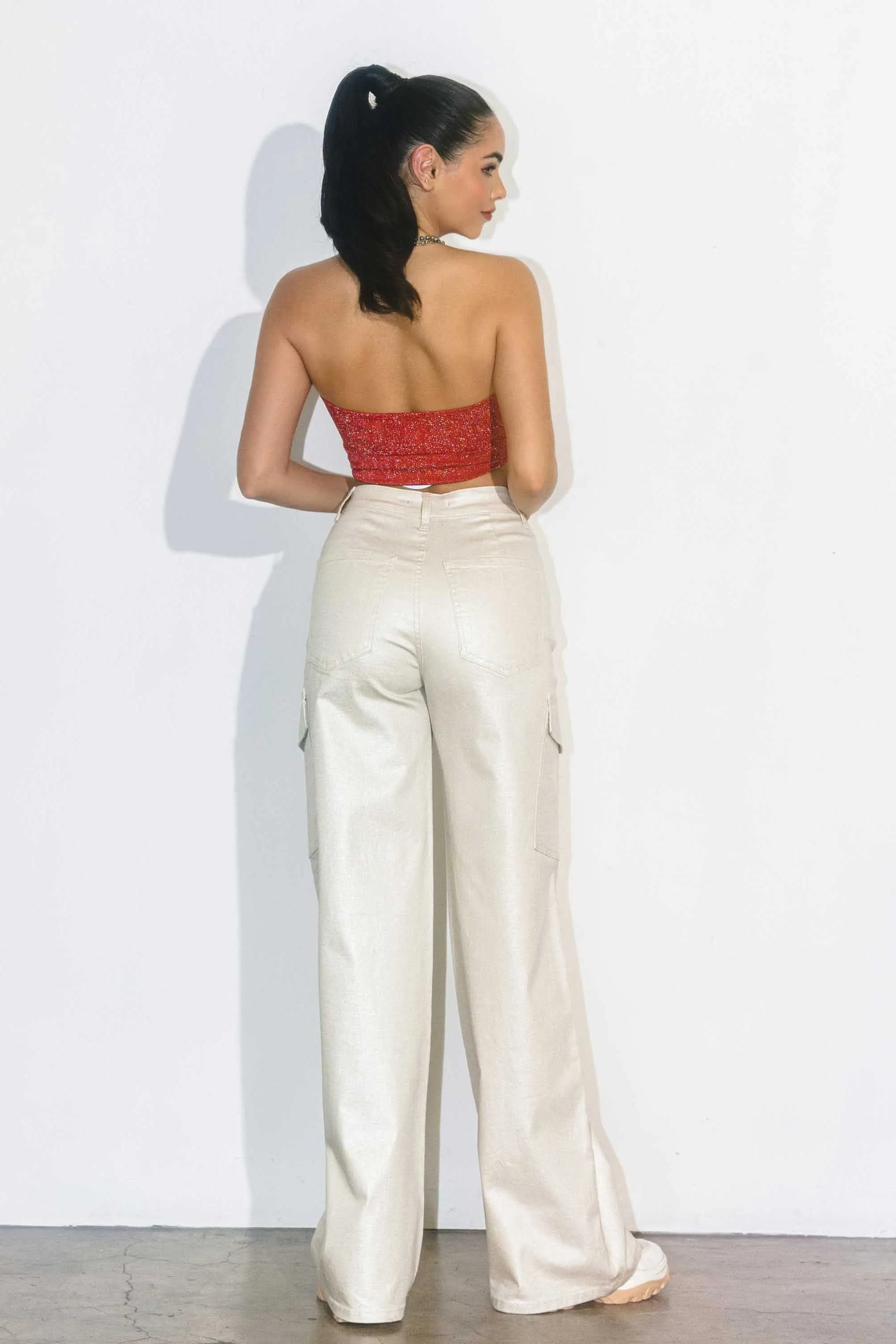 Glitter High-Rise Cargo Wide Leg Jeans