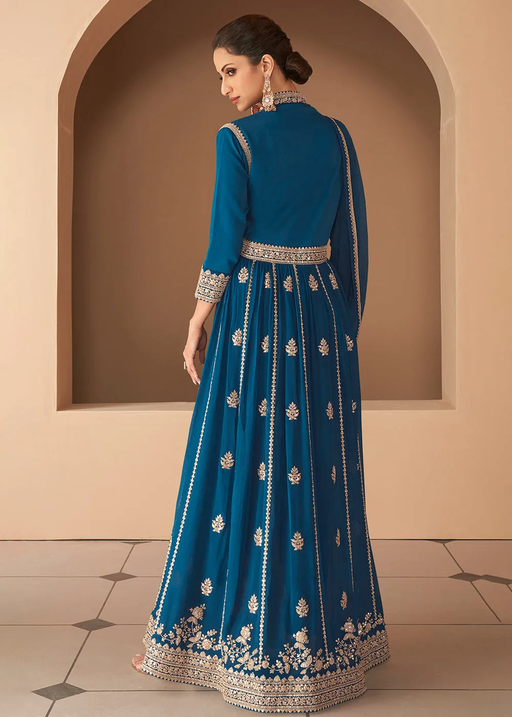 Glorious Blue Front Slit Silk Georgette Anarkali Suit