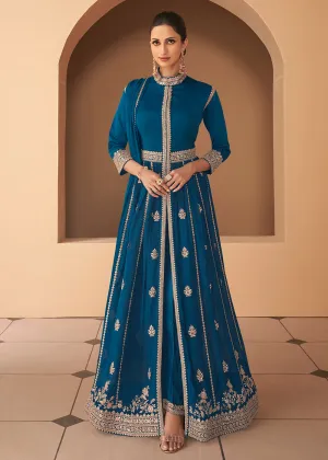 Glorious Blue Front Slit Silk Georgette Anarkali Suit
