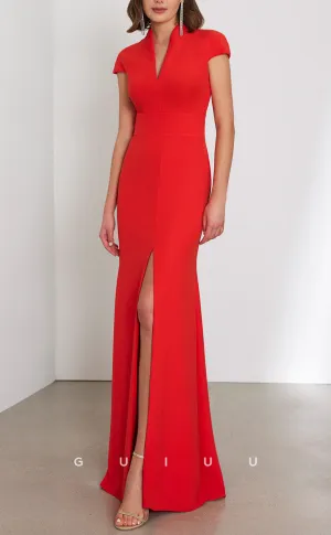 GM204 - Sheath V Neck Short Sleeves Long Cocktail Dress Wedding Guest Dress with Slit and Train