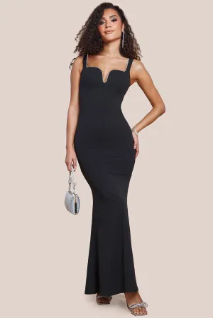 Goddiva Embellished Diamante Trim Square Neck Scuba Maxi Dress