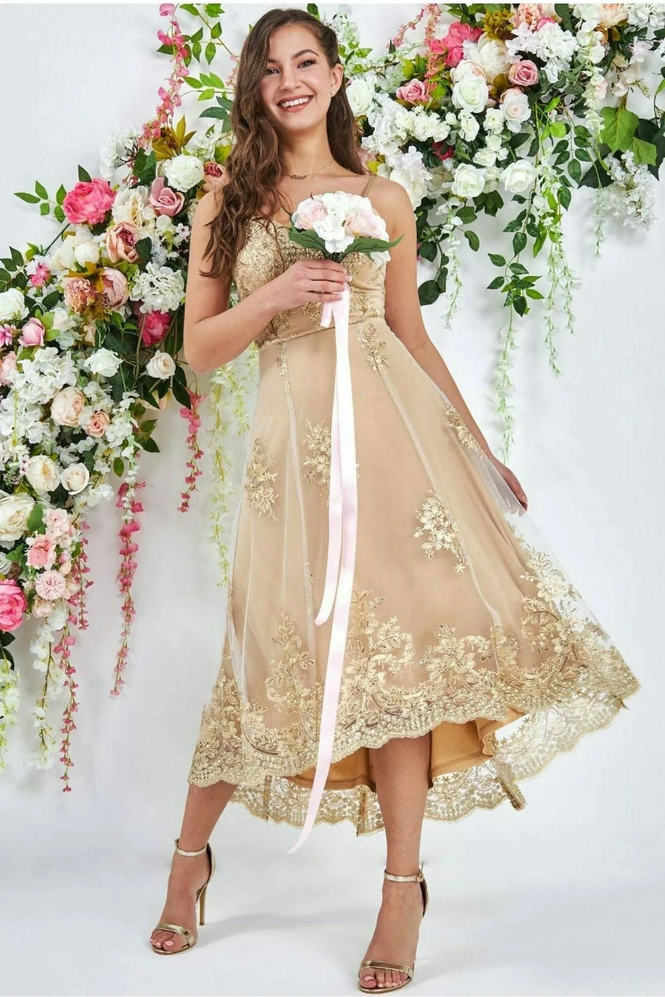 Goddiva High Low Scalloped Midi Dress - Gold