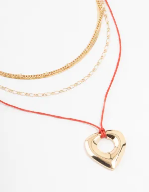 Gold & Red Cord Heart Layered Necklace