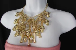 Gold Chains Skulls Strands Skeleton Bones Necklace   Earrings Set