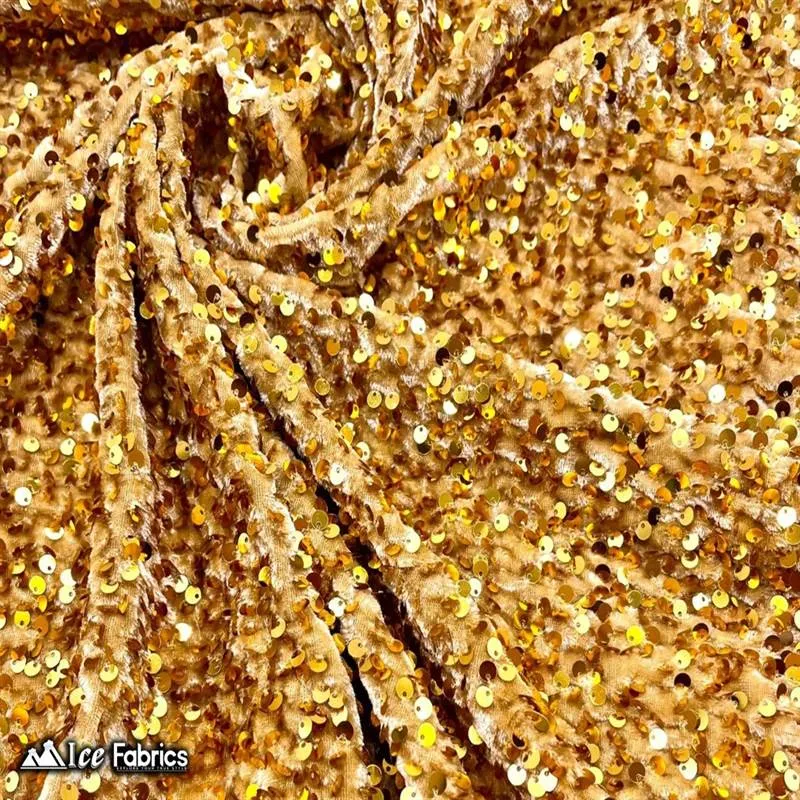 Gold Emma Stretch Velvet Fabric with Embroidery Sequin