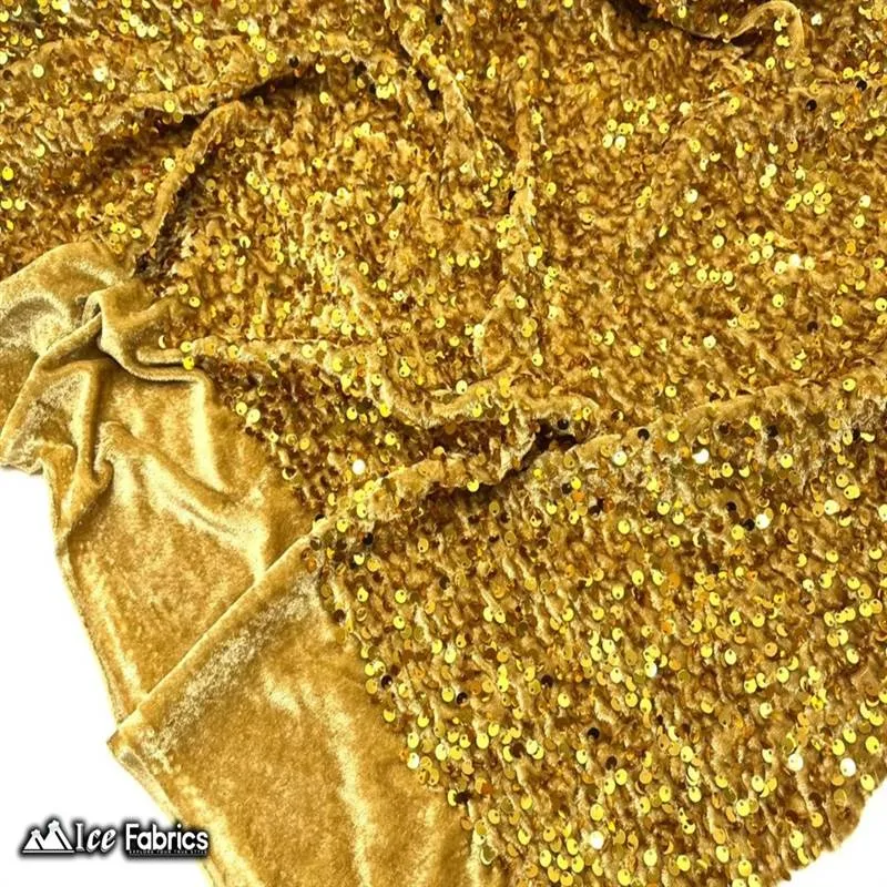 Gold Emma Stretch Velvet Fabric with Embroidery Sequin