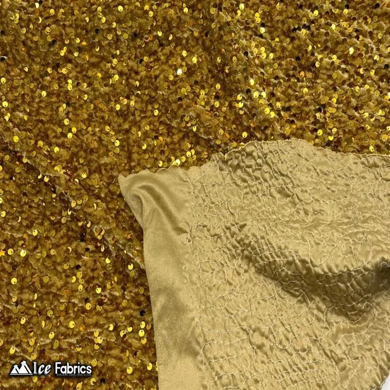 Gold Emma Stretch Velvet Fabric with Embroidery Sequin