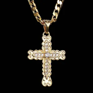Gold Filled Bonded Ornate Cross Pendant with Stones 22 Inch 4mm Cuban Chain