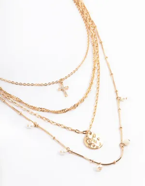 Gold Freshwater Pearl Layered Cross Necklace