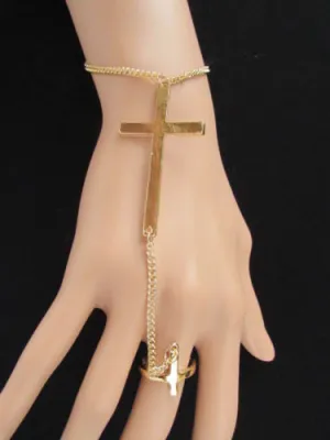Gold Silver Metal Hand Chain Bracelet 7 1/2" Big Cross Women Trendy