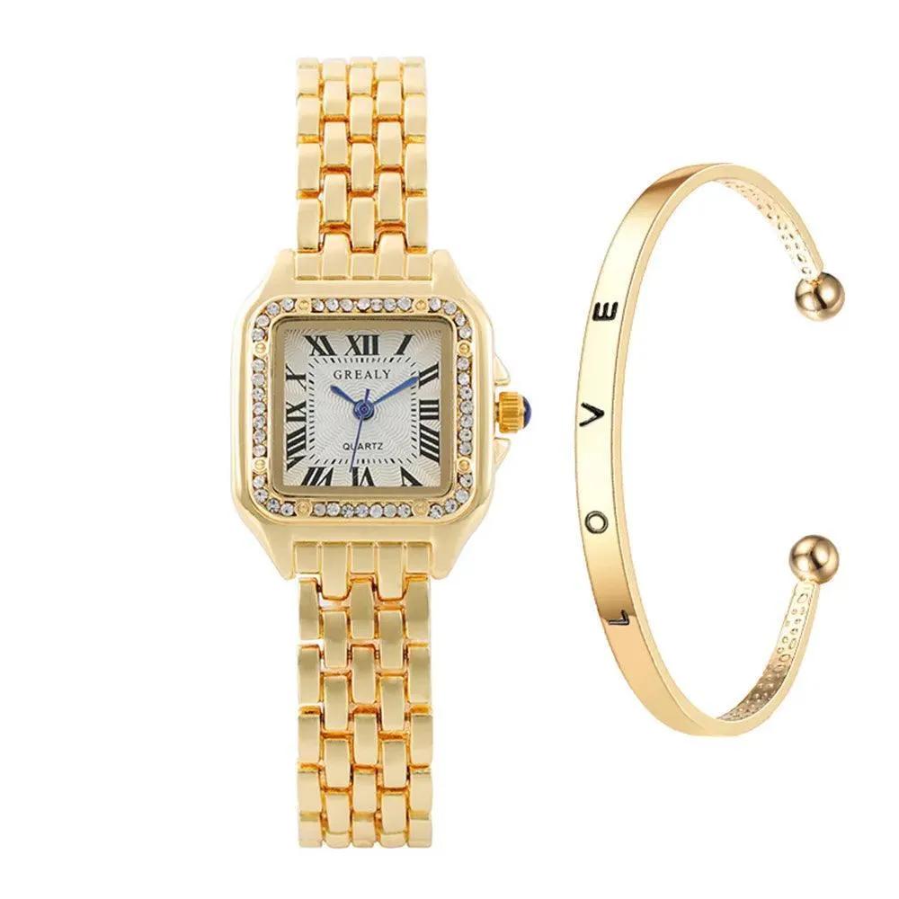 Golden Square Roman Scale Watch: Elegant Luxury Timepiece for Women