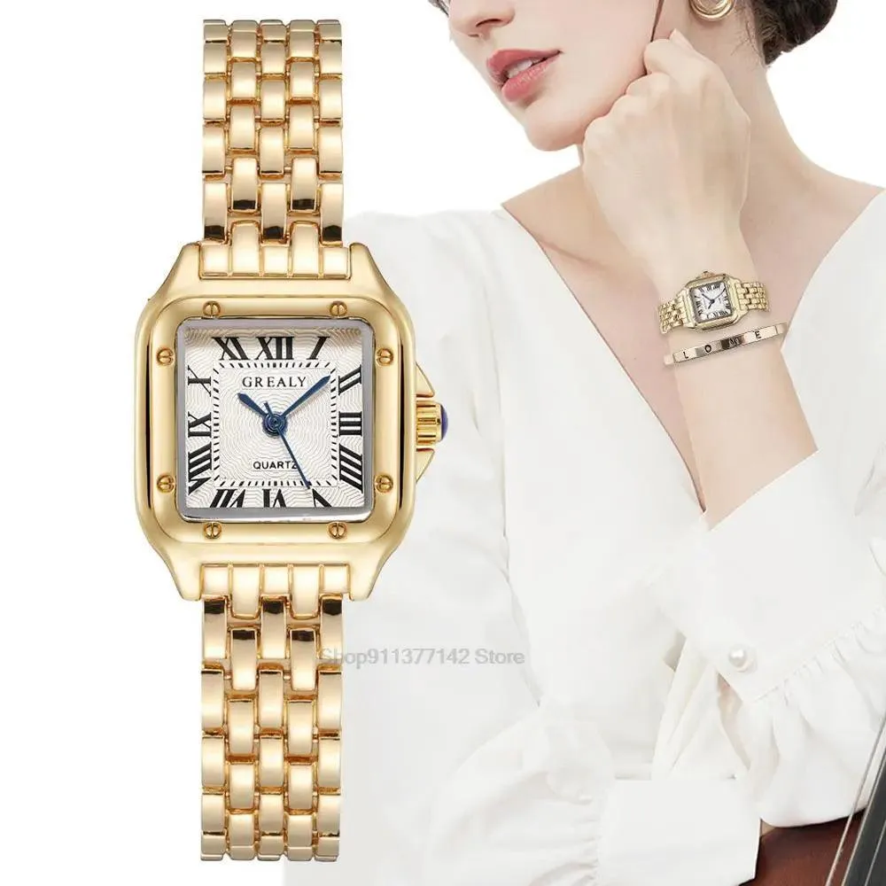 Golden Square Roman Scale Watch: Elegant Luxury Timepiece for Women