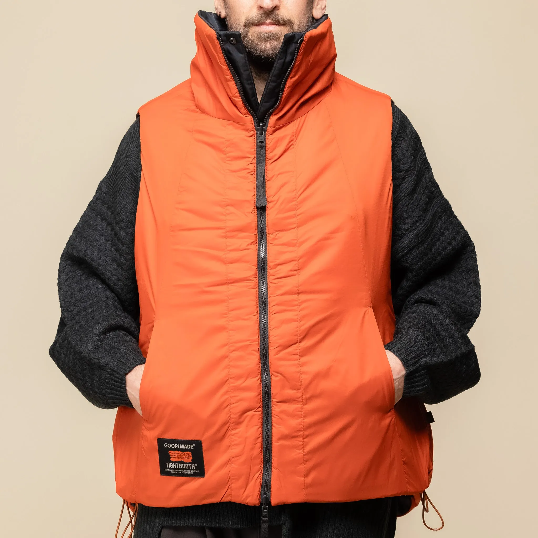 GOOPiMADE® x TIGHTBOOTH “GMT-01V” - 2-Way Padded Down Vest - Shadow Black x Pumpkin