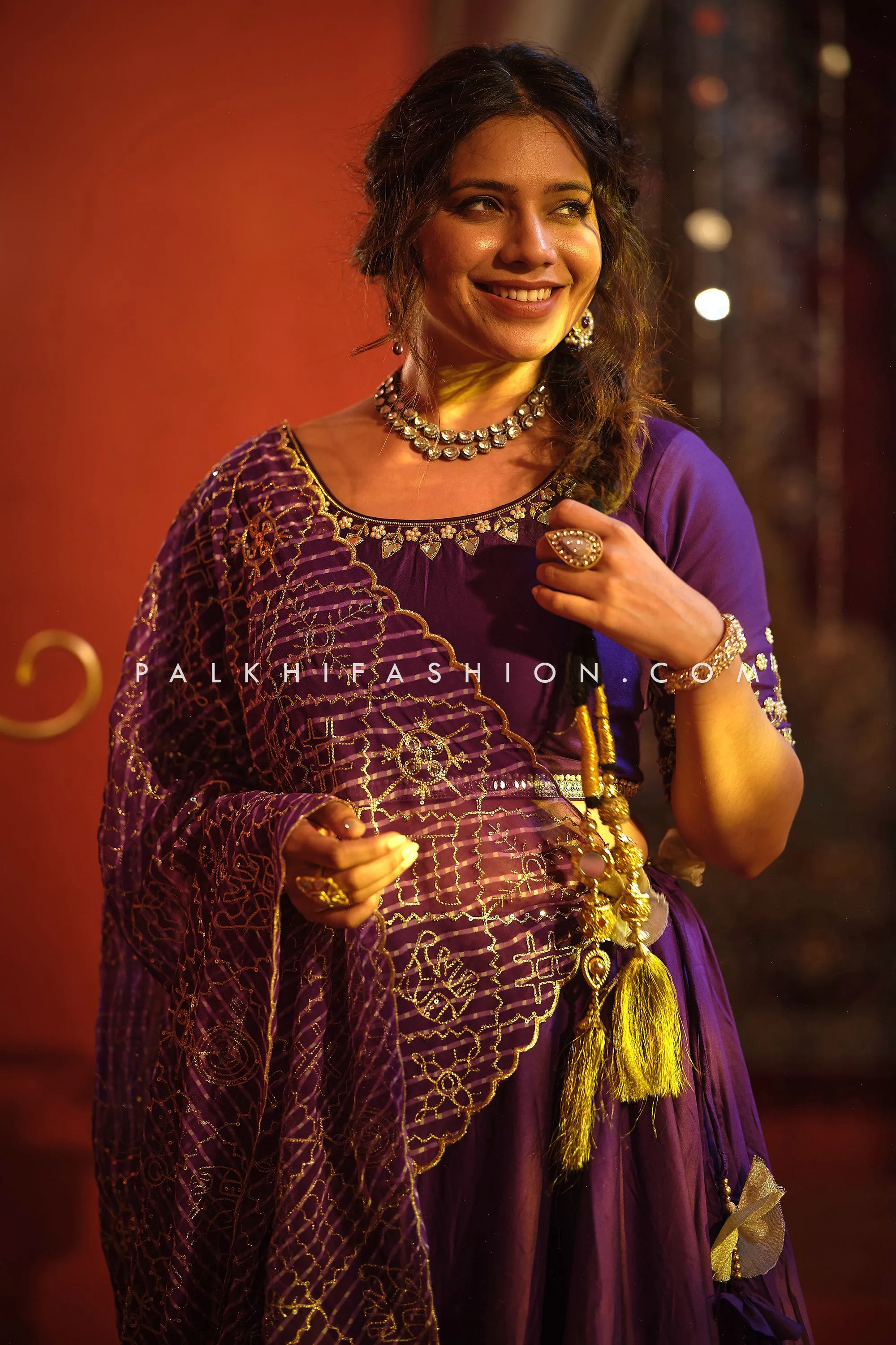 Graceful Purple Silk Navratri Lehenga with Vintage Dupatta