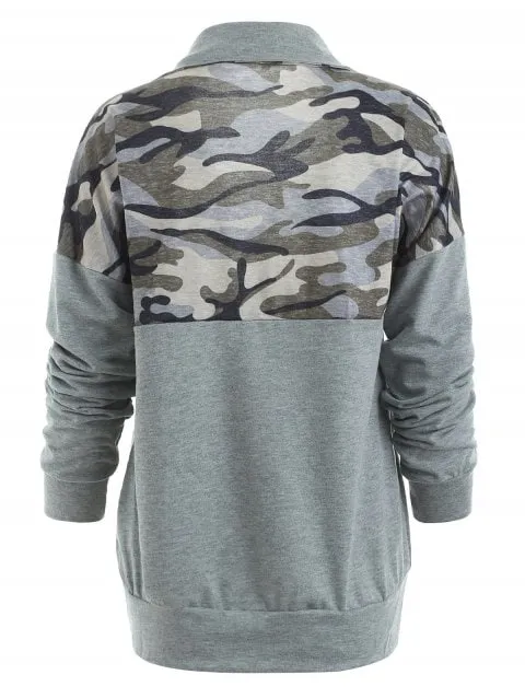 Graceful  Zipper Camo Print Sweatshirt