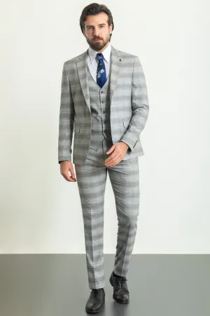 Gray Blue Slim Fit Notch Lapel 3 Piece Crosshatch Plaid Suit