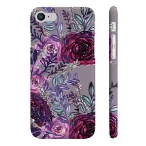 Gray Slim iPhone/ Samsung Galaxy Floral Purple Rose Print Phone Case, Made in UK