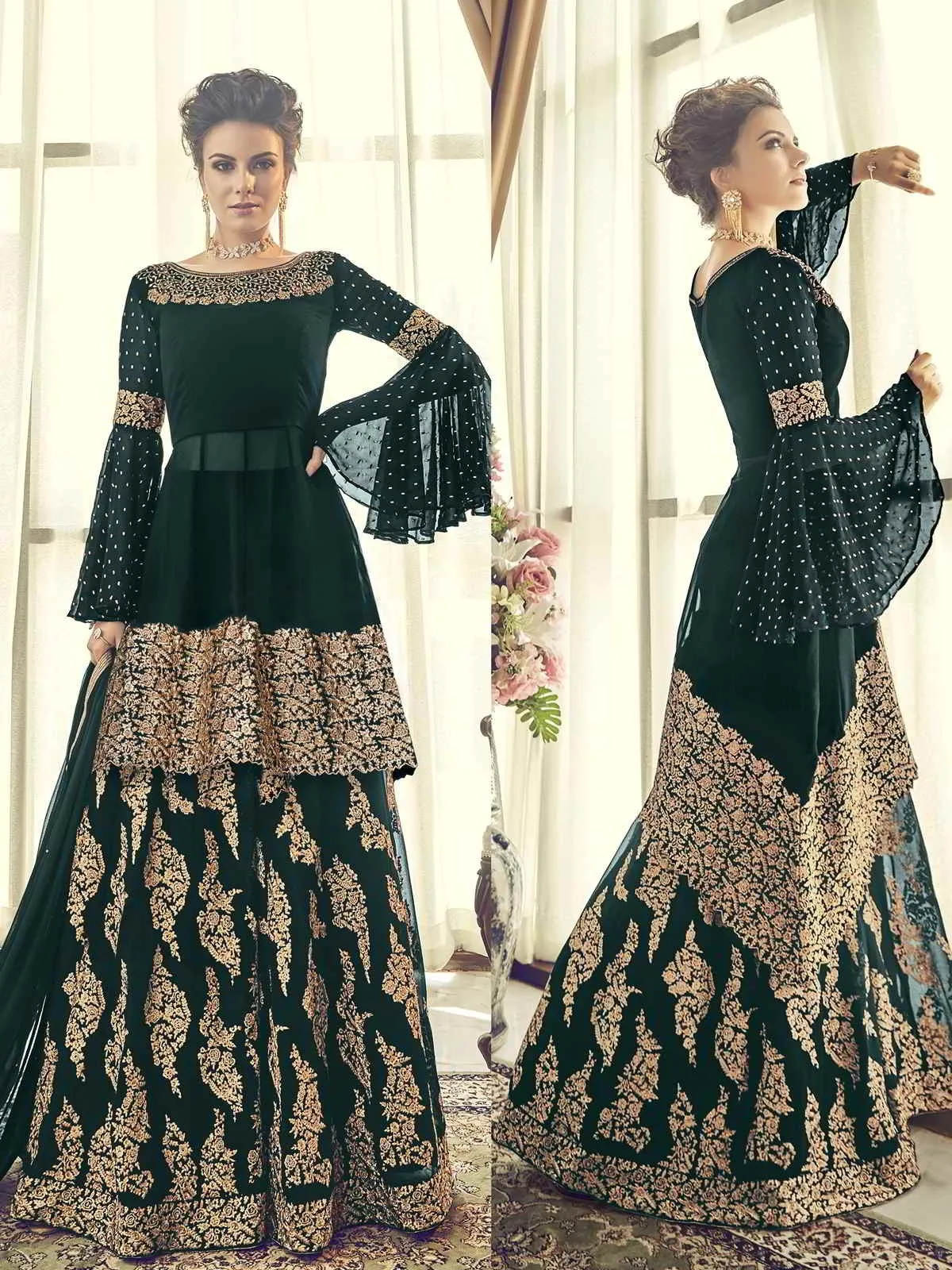 Green Embellished Indo-Western Style Gharara Suit