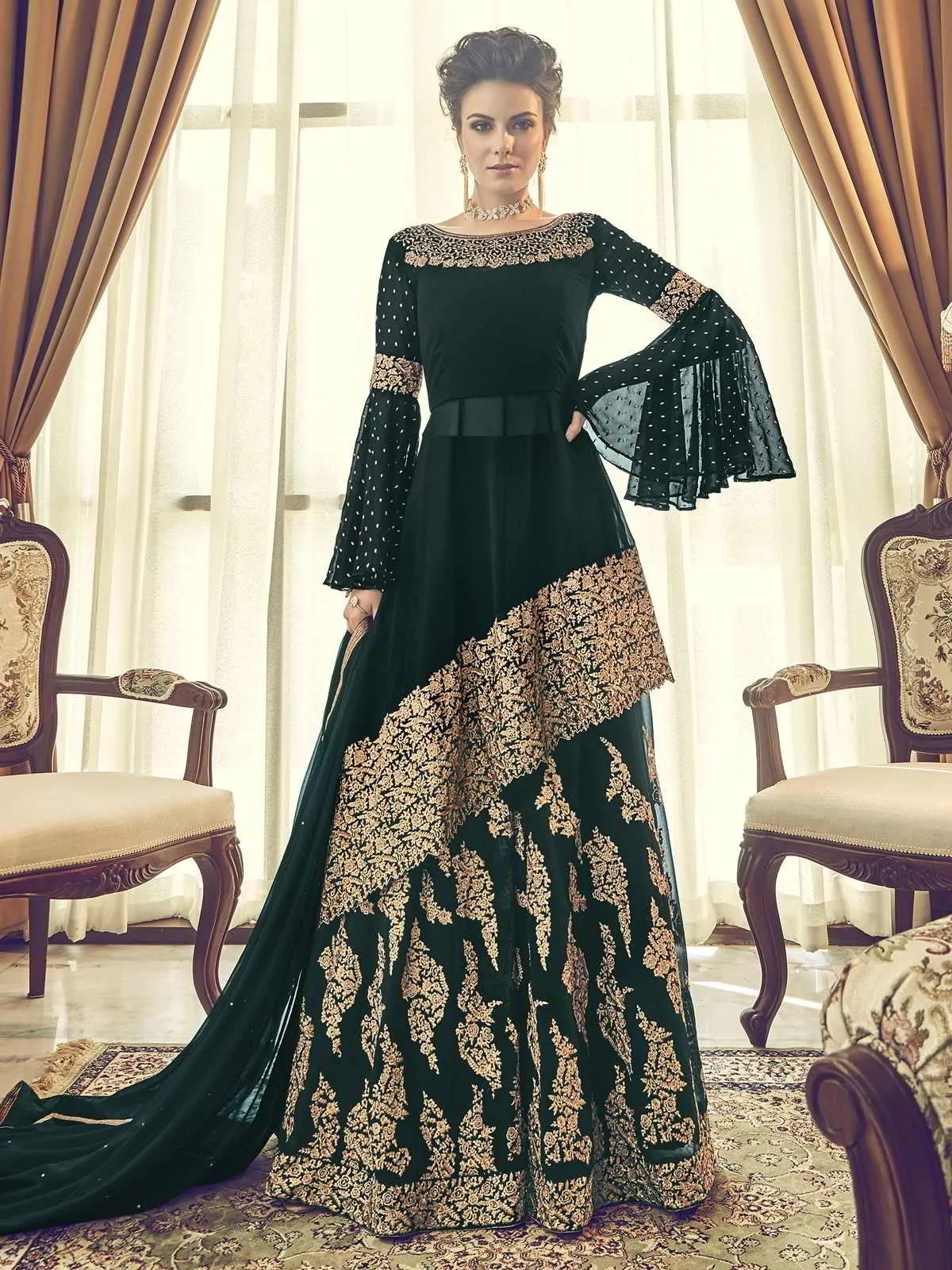 Green Embellished Indo-Western Style Gharara Suit