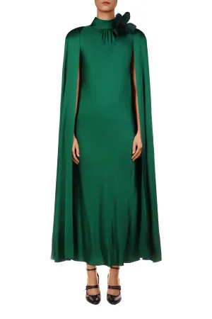 Green Silk Satin Cape Dress with Flower
